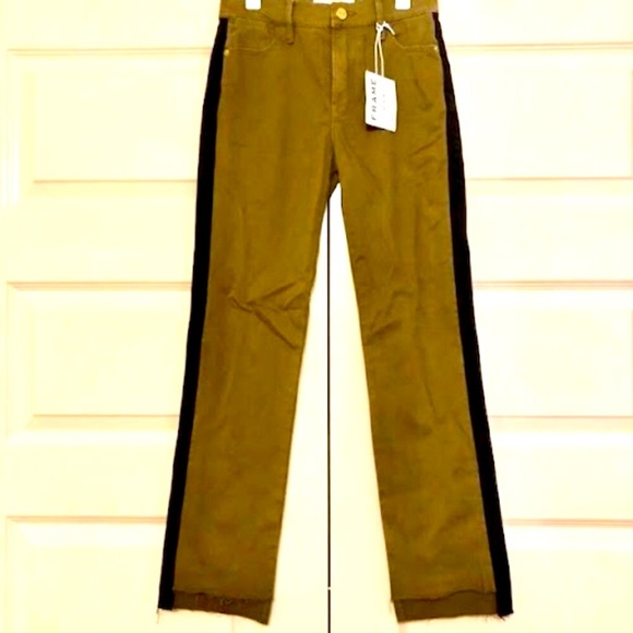 NWT FRAME DENIM Le High Straight Tuxedo Stripe Jeans Olive 24 MSRP $240 - Picture 2 of 6